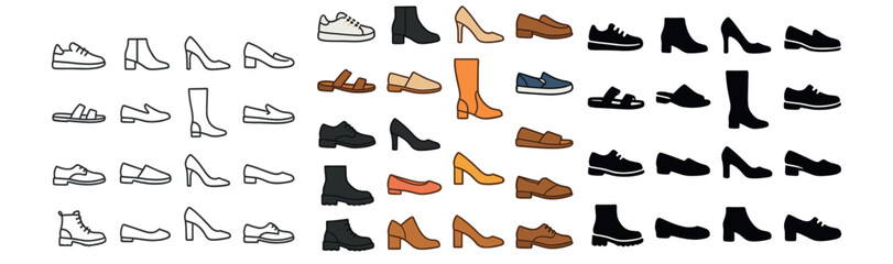 Footwear silhouette, outline, and colored icons collection for fashion and design projects