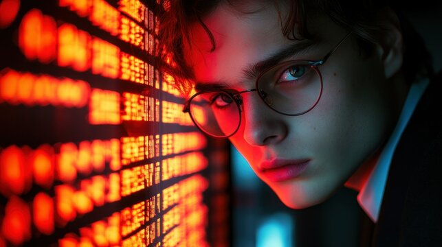 Close-up portrait of a young man, leaning against a wall of glowing, red text