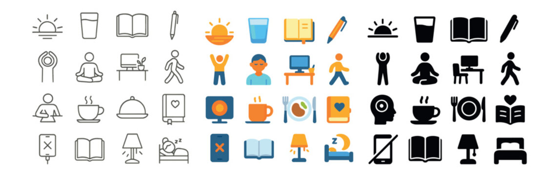 Daily activities and office work icon collection. lifestyle, productivity symbols set