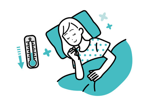 sleeping woman with thermometer, teal, white clip art preview