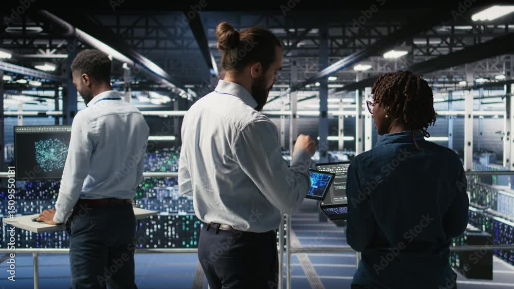 Poster data center engineering team doing maintenance on servers used for artificial intelligence processin