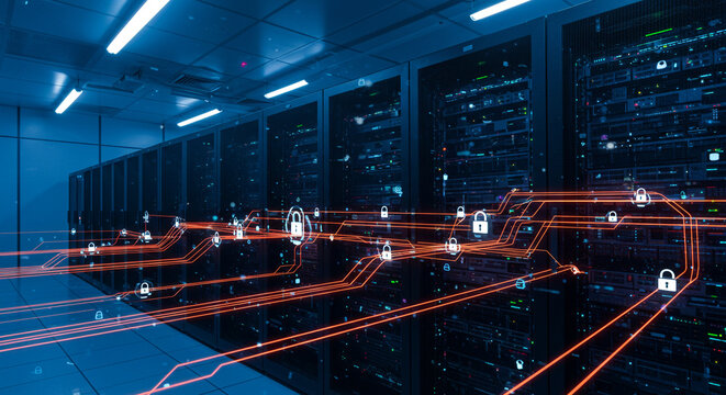 A server room with glowing orange lines and white padlock icons representing data security and network protection - Powered by Adobe