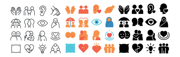 Communication and empathy icons collection. connection, hand gesture and emotion set