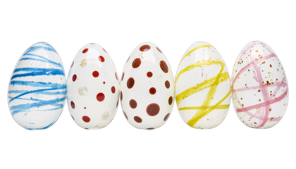 Five hand-painted Easter eggs, diverse patterns.
