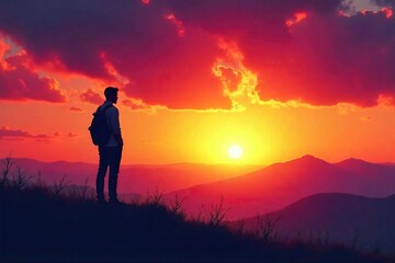 Fototapeta premium A solitary figure silhouetted against a vibrant sunset, contemplating life's deeper meaning amidst vast, peaceful nature Finding solace and spiritual connection in solitude , faith, horizon, solitude