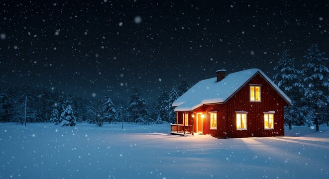 Snowy cabin at night winter landscape