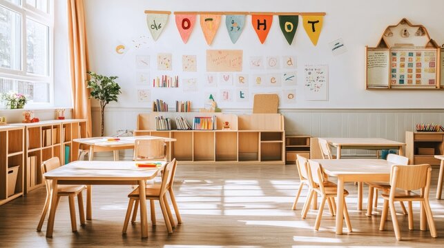 Bright classroom filled with small desks, alphabet wall posters, and cheerful educational decor