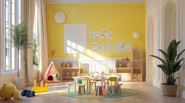 Bright classroom filled with small desks, alphabet wall posters, and cheerful educational decor