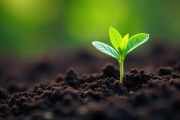 Naklejka premium A close-up shot of a tiny sprout pushing through rich, dark soil, symbolizing the emergence of life and the primal need for nourishment , nature, green