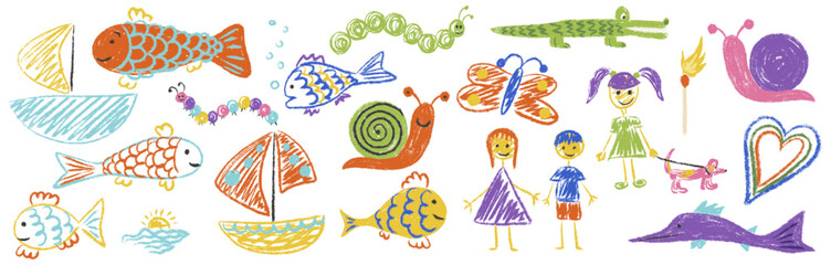 Kids chalk drawings set. Crayon fish, child, dog, crocodile, snail, caterpillar, ship. Collection freehand child baby hand drawn scribble sea water animals. Childish cute vector illustration isolated.