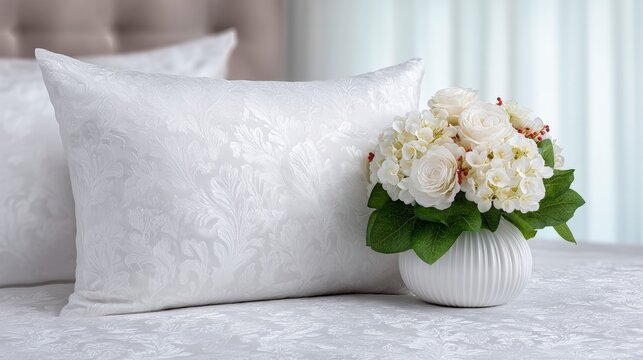 Elegant White Damask Bedding Set with Flowers - Powered by Adobe