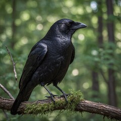 A black crow stands on the green grass while a wild raven perches on a tree branch, showcasing nature's birds