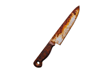 Rusty old kitchen knife isolated transparent background perfect for horror or thriller film stills