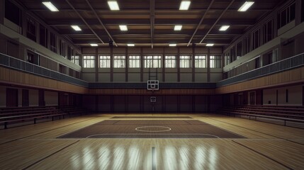 Clean and modern school gymnasium with LED lighting, smart scoreboard, and foldable bleachers