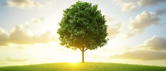 Single Green Tree on Grassy Hill at Sunset