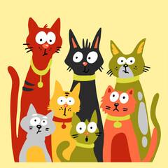 Funny group of quirky cartoon cats with wide expressive eyes and playful colors in layered paper cut vector style, perfect for cat lovers and fun designs