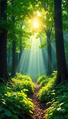 Obraz premium Sun-dappled summer forest scene, lush green foliage, dappled sunlight filtering through leaves, vibrant summer colors, tranquil woodland atmosphere , landscape, lush, peaceful