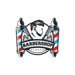 vintage retro modern barbershop logo design, barber shop concept, with cool hair style and silhouette icon of shaving equipment illustration template for product brand, business, and shop