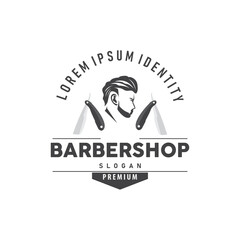vintage retro modern barbershop logo design, barber shop concept, with cool hair style and silhouette icon of shaving equipment illustration template for product brand, business, and shop
