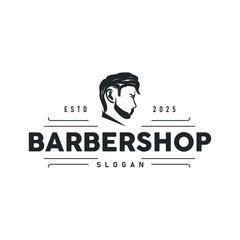 vintage retro modern barbershop logo design, barber shop concept, with cool hair style and silhouette icon of shaving equipment illustration template for product brand, business, and shop