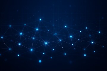 Futuristic business network concept, glowing digital connections and data nodes over dark blue tech background, high-tech corporate feel