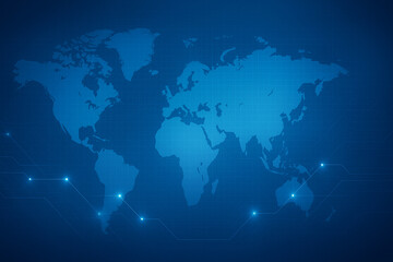 Global business theme with digital world map, glowing network links and blue tech textures, modern corporate style background