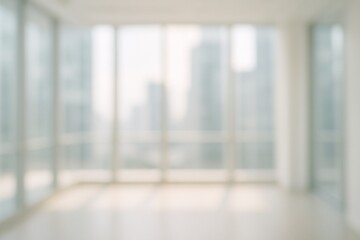 Blurry high-rise office interior background with natural daylight and elegant soft focus, calm and modern corporate tone