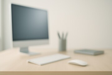 Professional workspace background with modern desk elements slightly blurred, soft lighting and focus on clean space