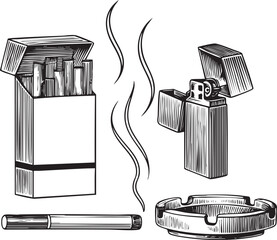 litany of smoking implements rests on a white surface.