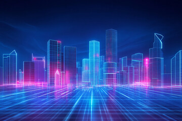 Vaporwave city skyline above neon grid street