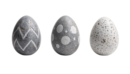 Three grey-white Easter eggs with varied patterns.