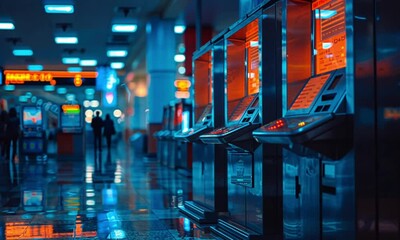 Interior arcade hall with glowing machines at night.