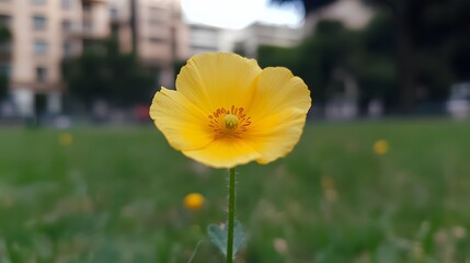 Obraz premium Single Yellow Flower in Grassy Field Urban Background