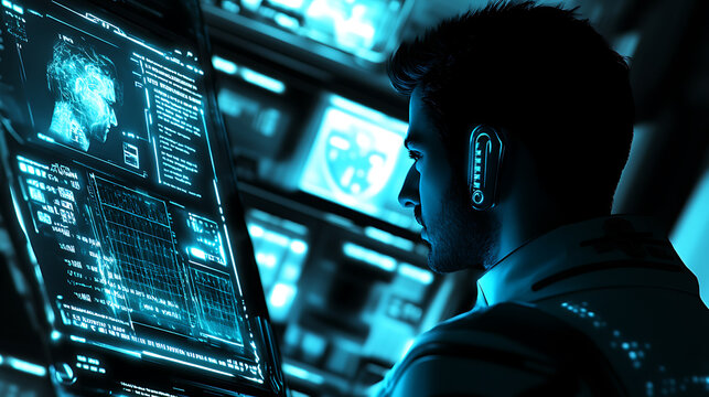 Tech Analyst Monitoring Advanced Data Systems in a Futuristic Control Room