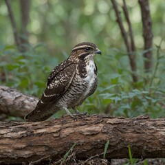 A young, brown, feathered red-tailed hawk, a wild avian bird of prey, perches on a branch outdoors in nature