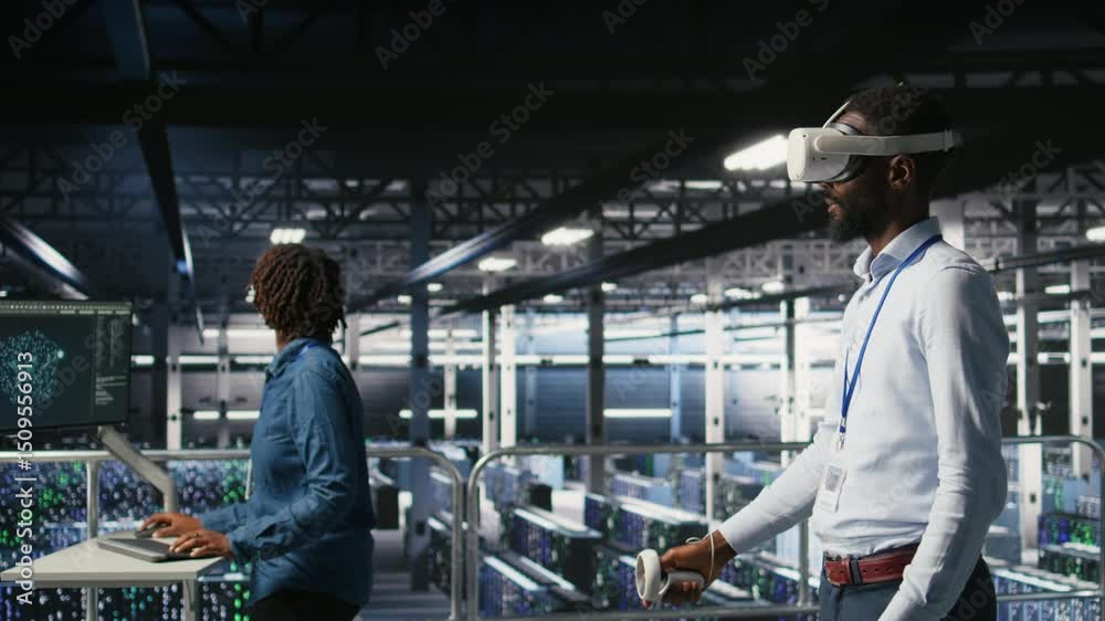 Poster data center admin using vr headset to monitor neural network ai systems. server room employee using 