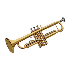 Obraz premium A golden trumpet with valves and mouthpiece is displayed against a white color isolated background view on transparent background