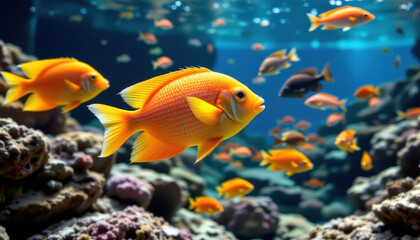 Fototapeta premium Vibrant tropical fish swim gracefully among colorful coral reefs, showcasing their bright orange hues and lively movements in serene underwater environment
