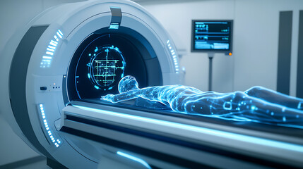 Fototapeta premium Advanced Medical Imaging: Patient Undergoing MRI Scan with Digital Overlay