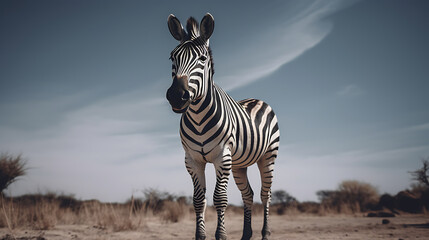 Obraz premium Low-angle shot of a zebra in a power pose, Clear sky