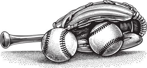 baseball glove cradles a baseball and bat on textured ground.