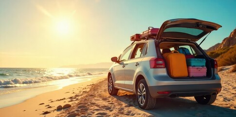 A family's packed car, brimming with luggage and beach gear, ready for a summer road trip adventure Sun shines brightly on the vehicle, symbolizing excitement and vacation , relaxation, vacation