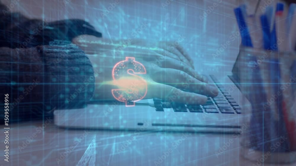 Poster man typing on laptop keyboard initiating circuit overlay and pulsing money icon showing finance