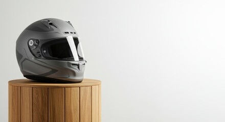 Sleek Gray Motorcycle Helmet on Oak Stand: Minimalist Product Shot