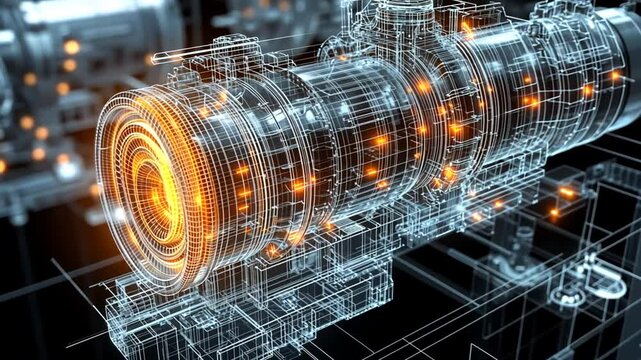 Animated 3D model of a high-tech industrial motor, visualization with wireframe effect