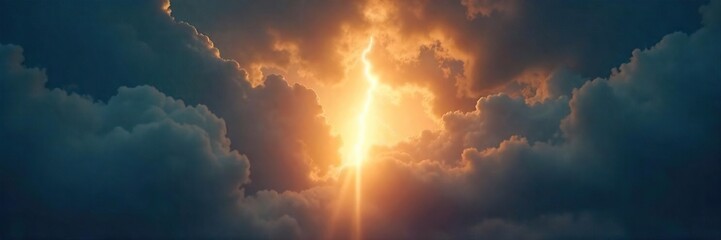 A single, radiant light beam pierces through dark storm clouds, symbolizing hope and divine intervention; a powerful image of spiritual enlightenment and deliverance from darkness , mercy, grace