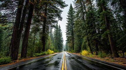 Fototapeta premium Serene Drive Through Majestic Pine Trees on a Rainy Day