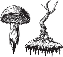 detailed black and white depicts a large mushroom with a textured cap and a slender stem alongside an ancient gnarled tree.