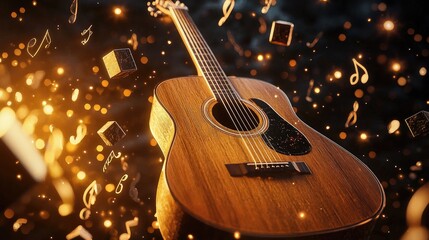 Naklejka premium Close-up of a wooden acoustic guitar with musical notes and particles.