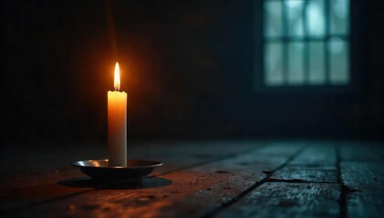 A single candle illuminates a darkened room, casting long shadows and creating a serene, spiritual atmosphere  Perfect for themes of faith, hope, and inner peace  ,  focus,  sacred space